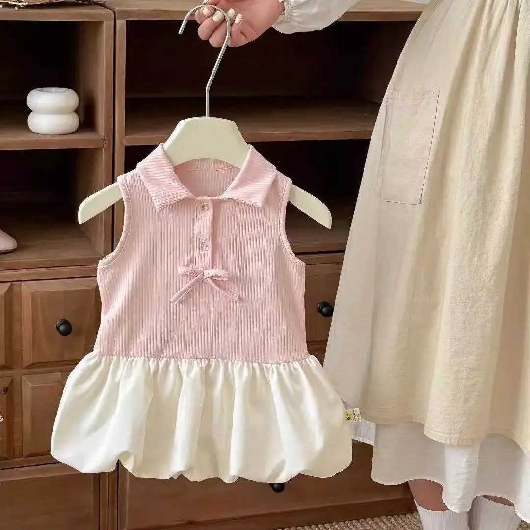 Children Summer Sleeveless Candy Color Cute Sweet Style Bud Tutu Dress With Bow Decoration For Girls Daily Casual Holiday Party