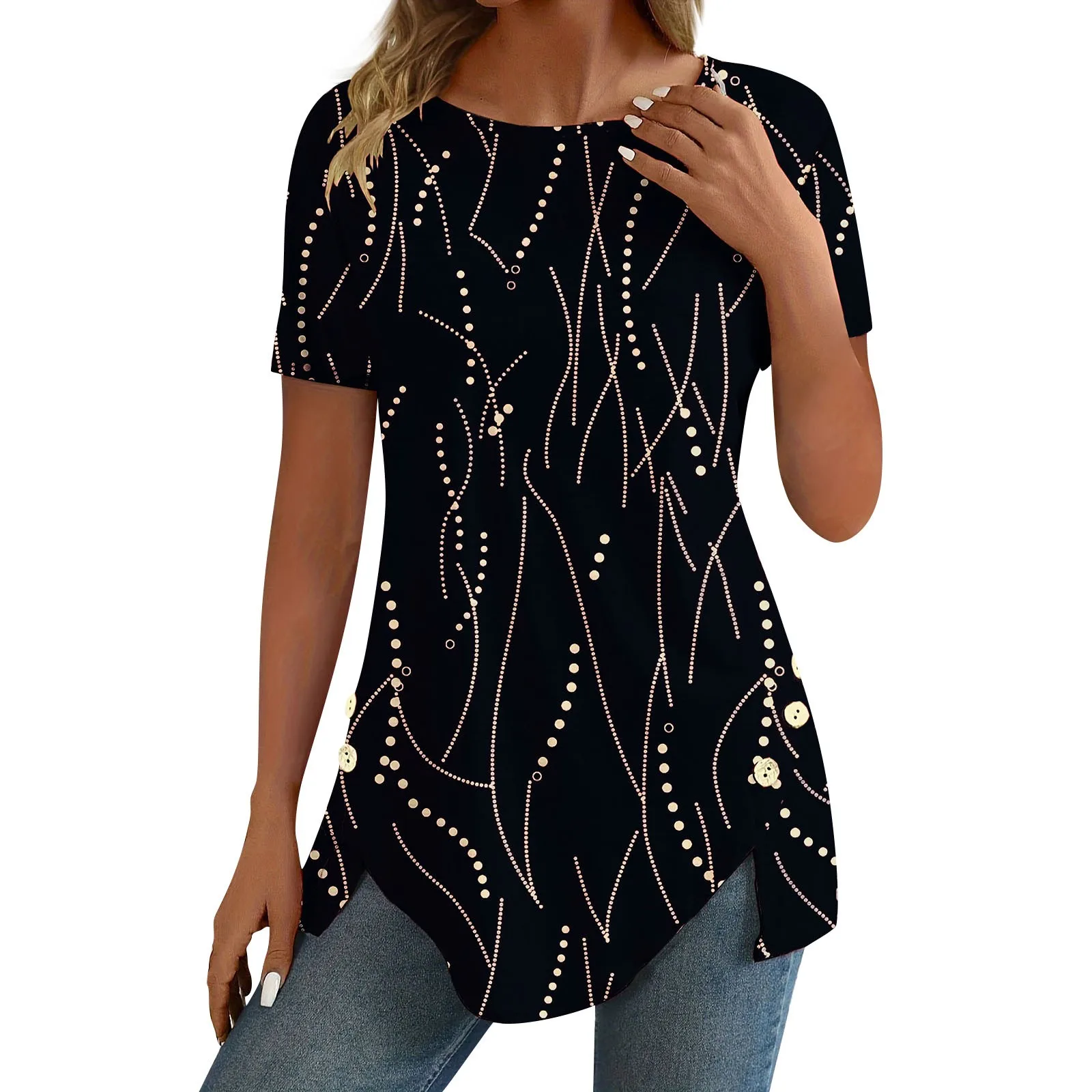 تيشيرت نسائي قصير الأكمام بنقط البولكا ، تيشيرت بحافة غير منتظمة ، تيشيرتات بياقة مستديرة ، أزرار ، لون سادة ، موضة صيفية