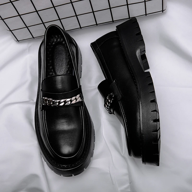 Classic Style Men\'s Leather Shoes 2022 Spring Autumn Solid Black Height Increased Loafer Shoes Metal Decoration Fashion Banquet