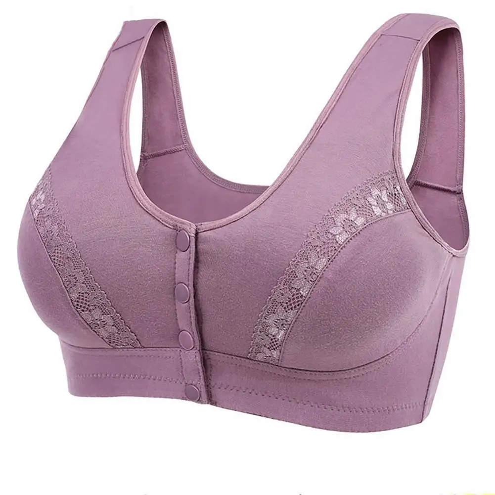 Mid-aged Women Wireless Brassiere Front Button Closure Underwear Lace Splicing Removable Padded Comfortable Sport Bra