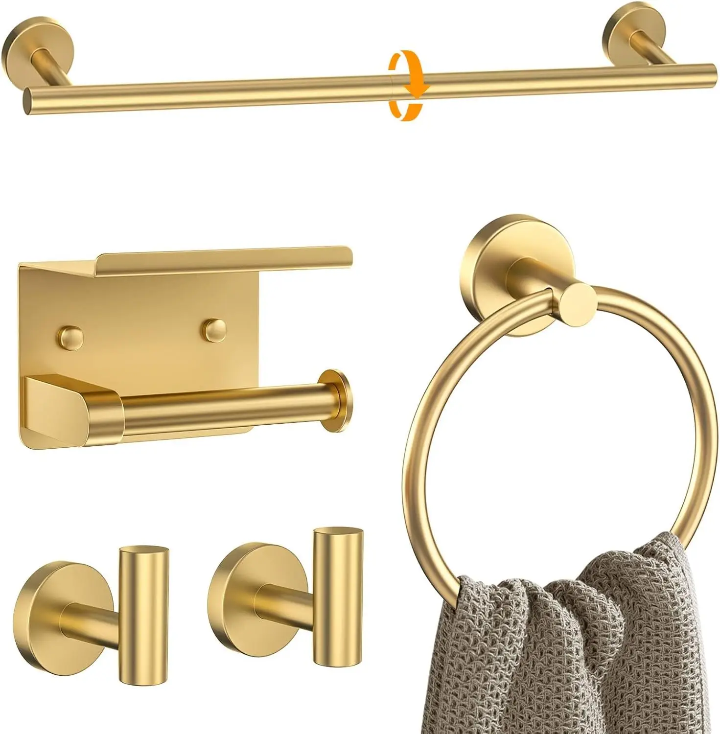 

Brushed Gold Bathroom Hardware Set: 5-Piece Towel Bar, Round Holder, Upgraded Toilet Paper Shelf, Stainless Steel Wall Mounted