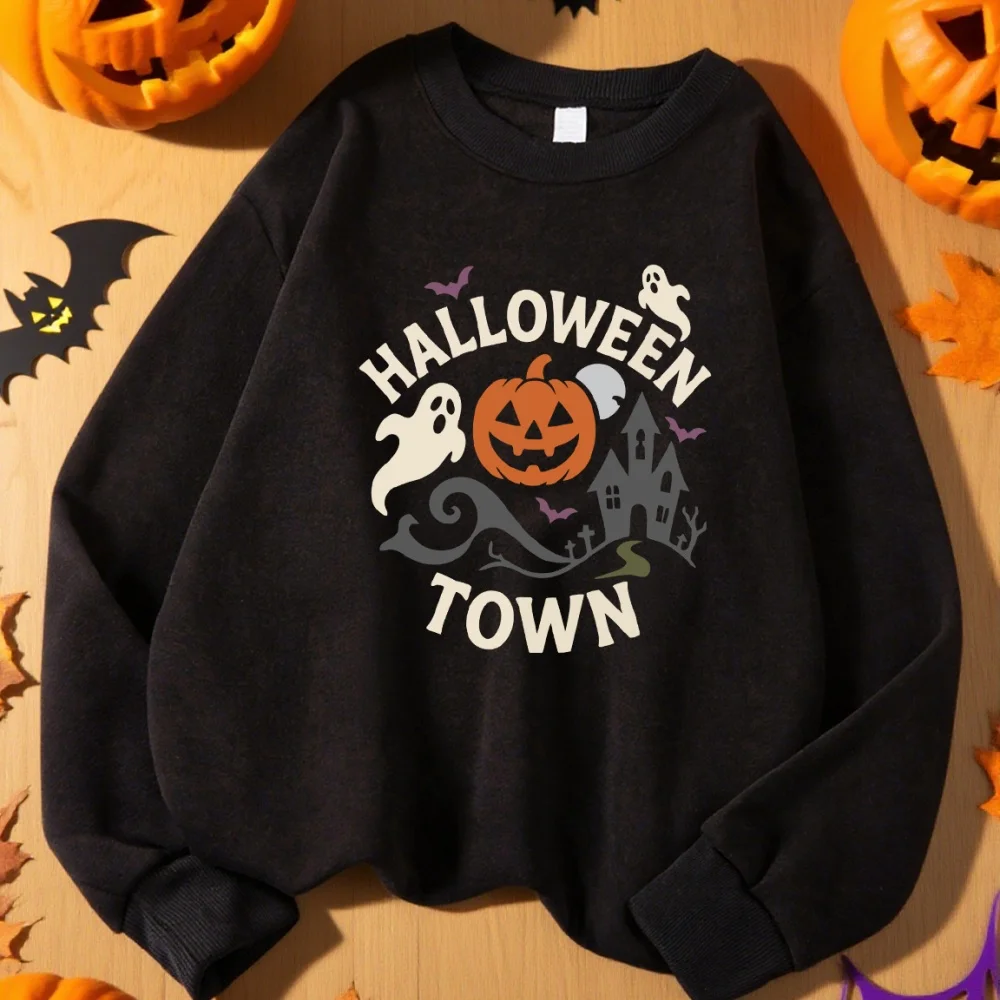 Kaus Gambar Labu Kota Halloween Pakaian Olahraga Fashion Lembut Wanita Kaus Kasual Musim Gugur Pakaian Cocok untuk Semua Gaya Jalanan