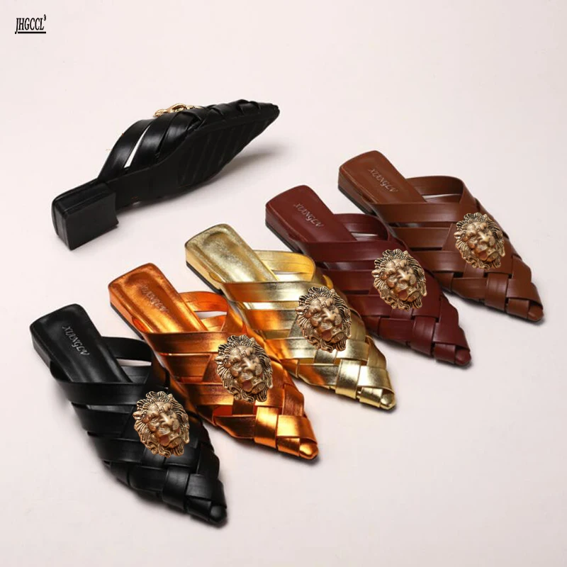 

woven pointed-toe flip-flops for women, new thick-heeled fashion, closed-toe half slippers, mules T77