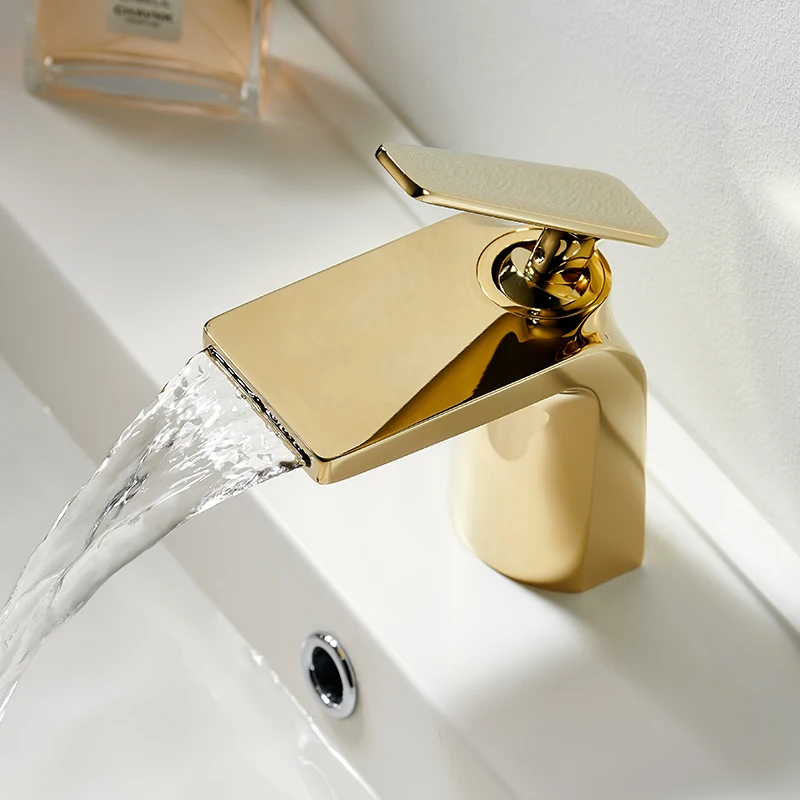 Brushed Gold Wash Basin Sink Faucet Waterfall Outlet Water Hot And Cold Mixer Crane Tap Deck Mount Single Hole Wash Faucets