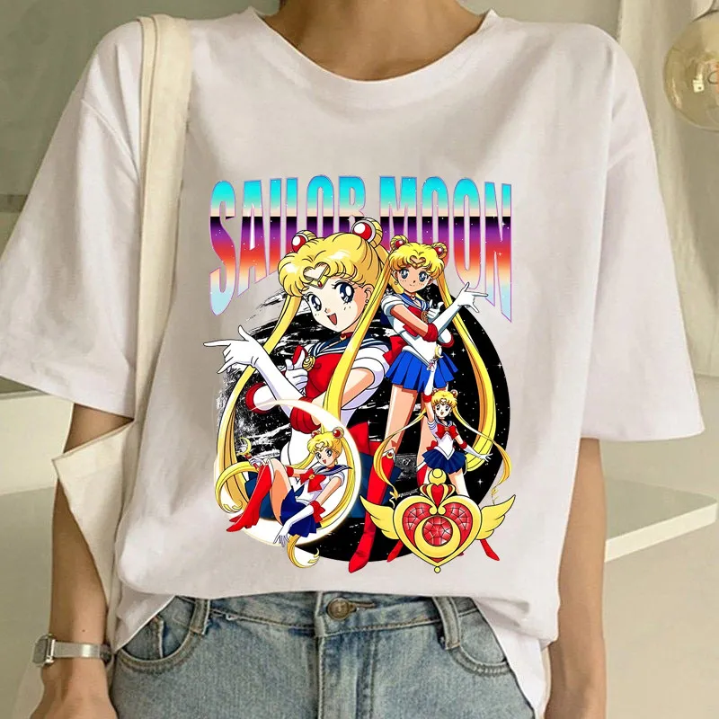 تي شيرت بانداي الأبيض النسائي المحارب المطبوع على طراز الرسوم المتحركة للفتيات، بأكمام قصيرة، كاجوال على الطراز المدرسي،