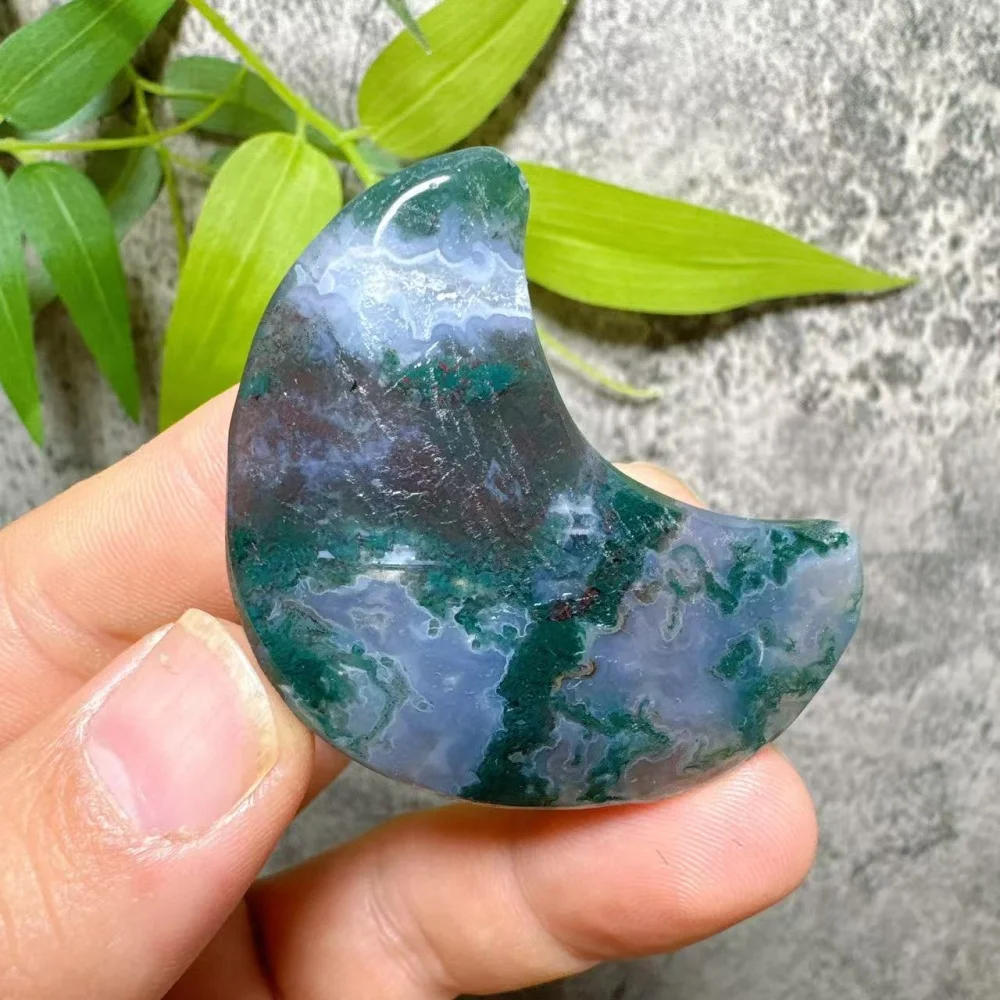 Green Moss Agate Moon Round Crystals Natural Gemstones Hand-polished Home Room Decoration Witchcraft Altar Spiritual Healing