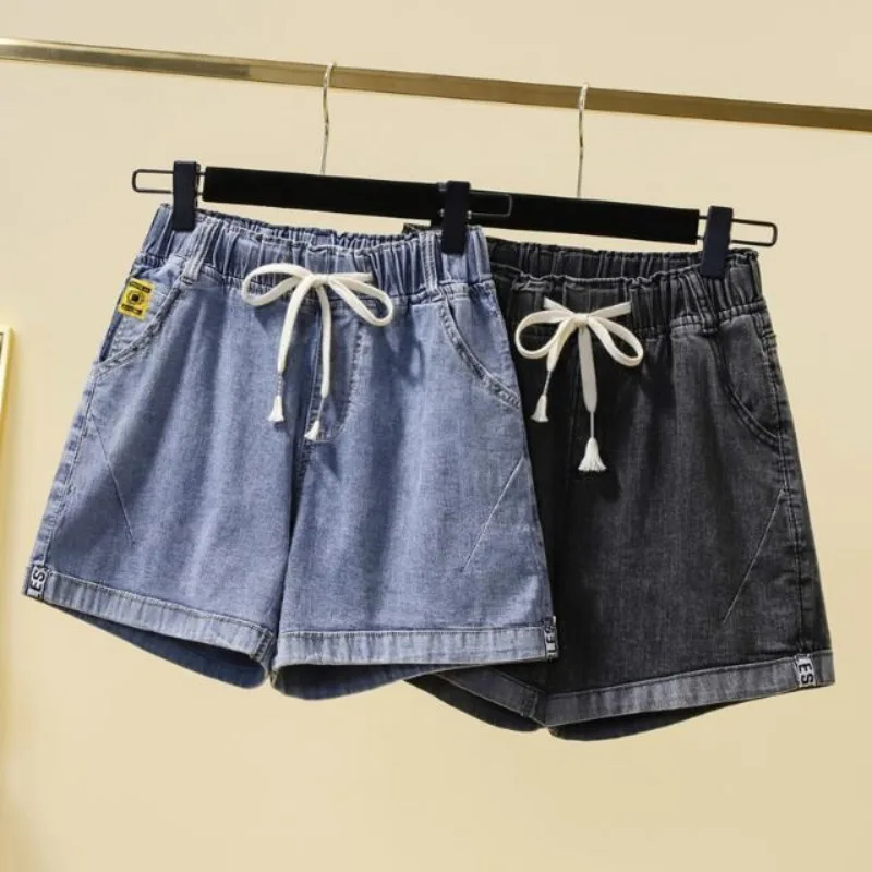 

New Elastic Waist A Word Plus size Pants women Fashion Stretch Denim Shorts Chubby Girl Wide Leg Slimming Hot Pants E9037