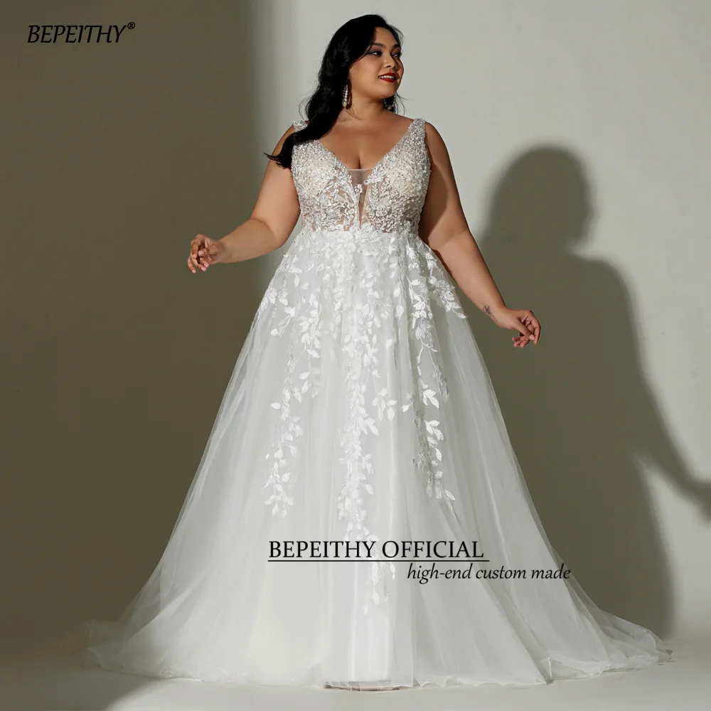 Bepeithychustom rendas boho vestido de casamento 2022 para plus size feminino noiva sem mangas uma linha marfim decote em v branco curva vestido de noiva