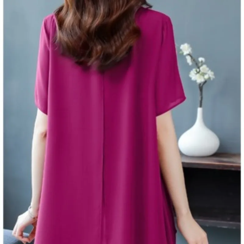 Chiffon Women\'s 2024 Pullover Round Neck Summer Mid Length Gauze Elegant Office Lady Solid Color Loose Slim Short Sleeve Tops