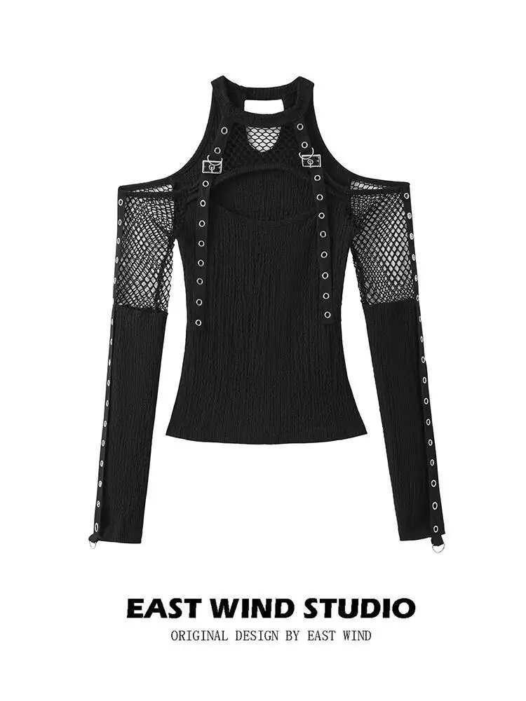 Gothic Punk Women Fishnet Sleeve Crop Top Gothic Hollow Out Black Sexy Slim Dance T Shirt For Women Base Layer