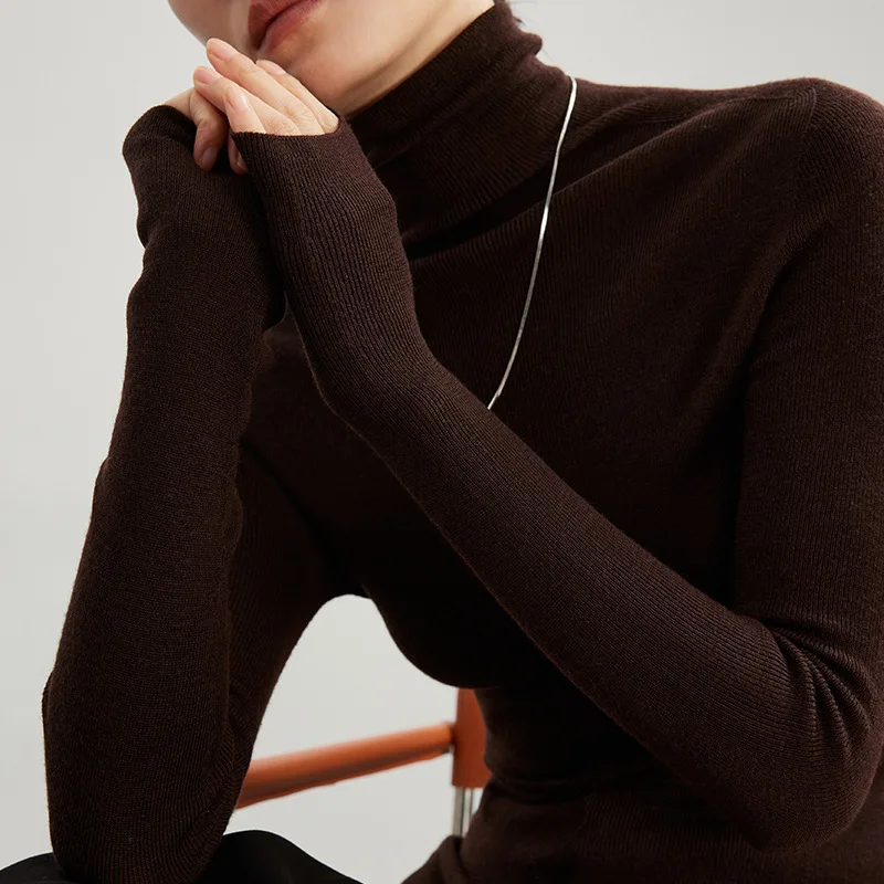 2025 Women's Fashion Autumn/Winter New Light Luxury 18 Needle Seamless Knitted 100% Wool High Neck Solid Color Base Sweater