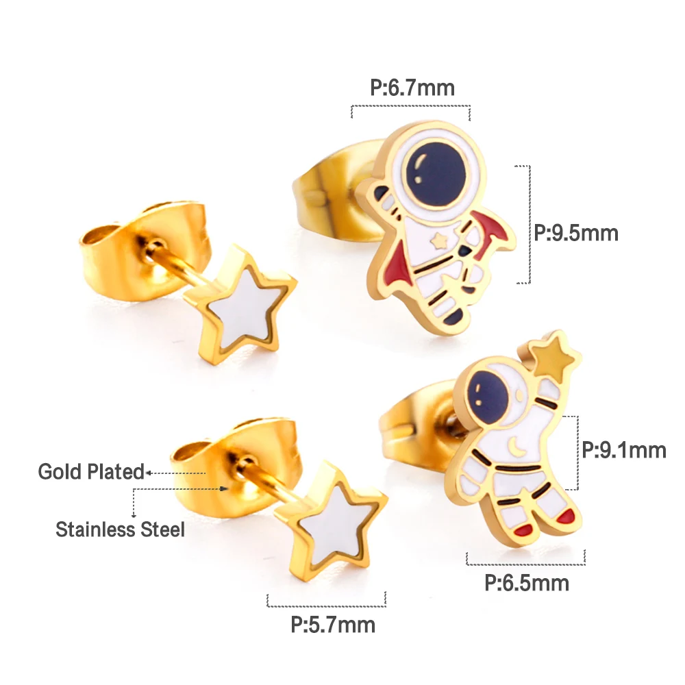 LUXUSTEEL 2pairs New Star Sstronaut Shape Small Stud Earring Fashion Jewelry Brinco pendientes mujer Golden Color Earring Party