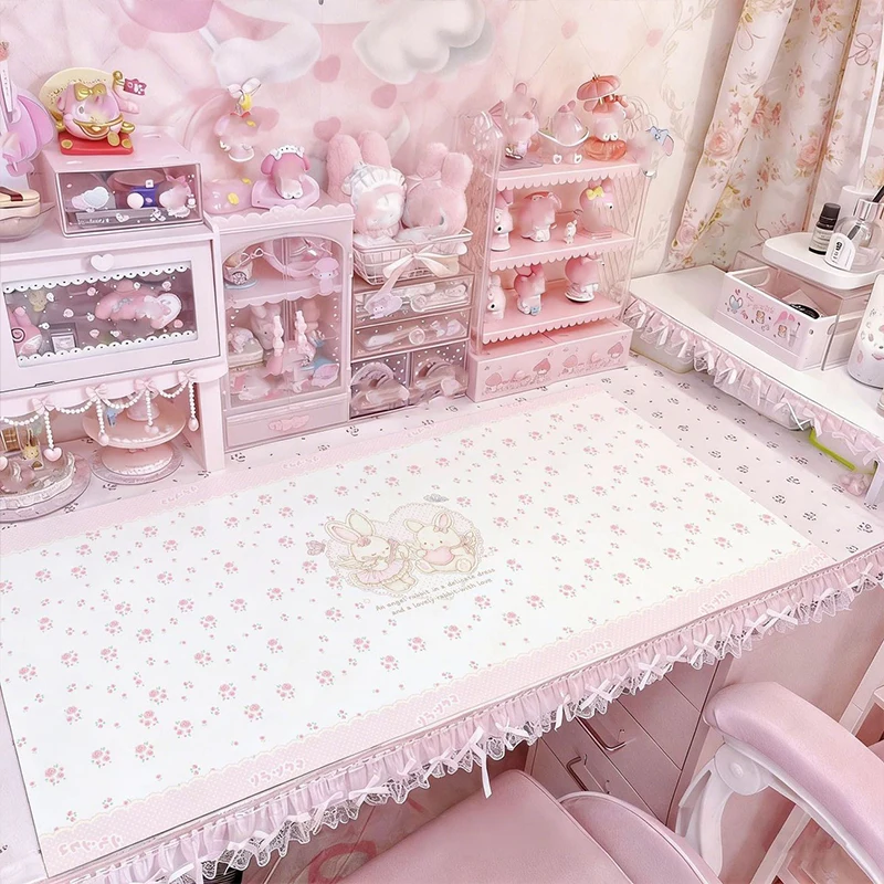 Sweet Pink Flower Kawaii Bunny PU Leather Desk Pad Korean Flower Mouse Pad Office Desk Mat Waterproof Non-Slip Desk Blotter Pad