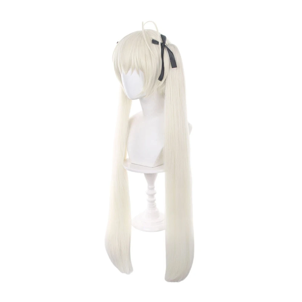 Bone White Medium-Length Wig Dual High-Set Strands with Removable Black Ribbon Ties Soft Frontal Transition Heat Resistant view 4