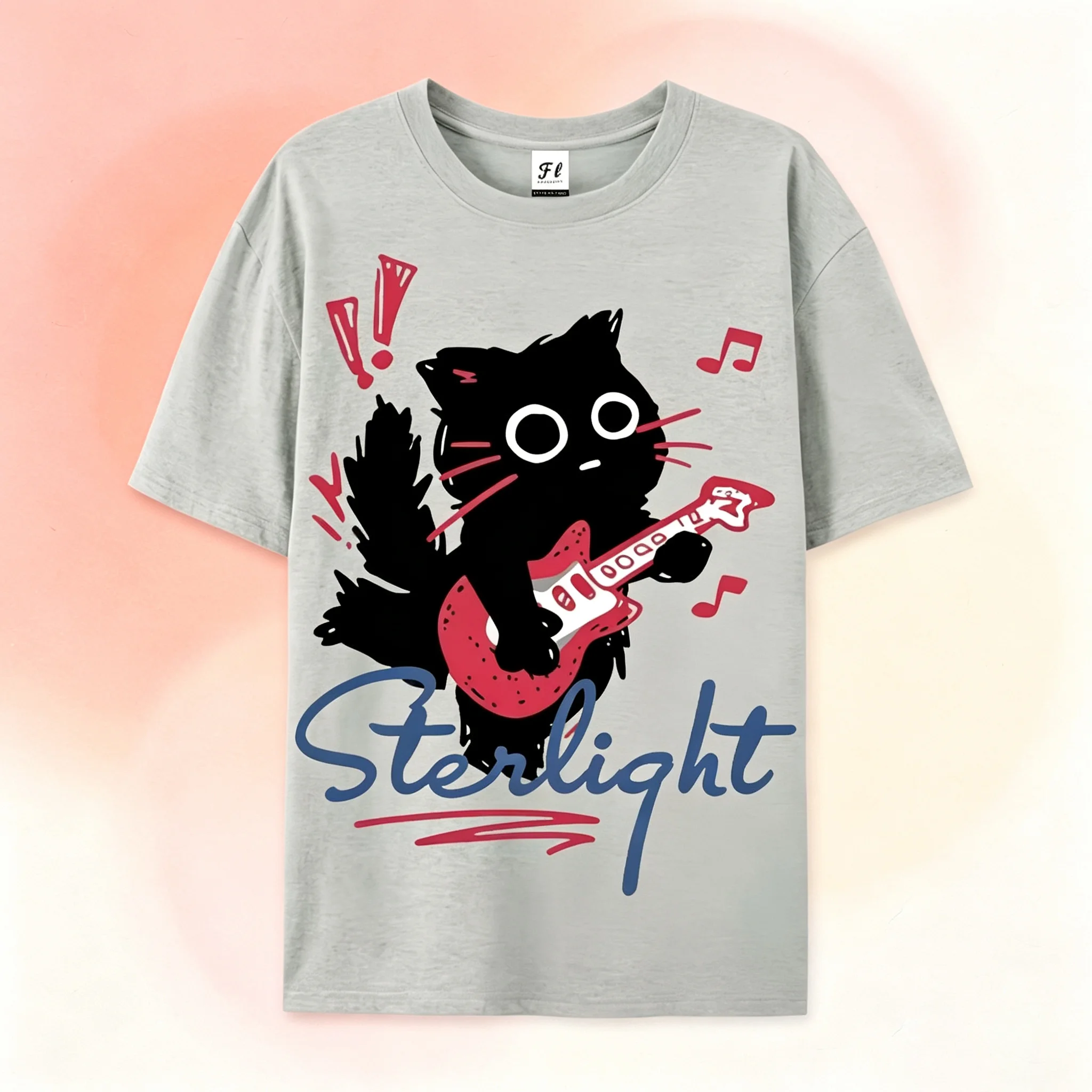 Women Cute Rock Black Cat Graphic T‑Shirt Guitar Music Note Print Crew Neck Short Sleeve Tee Y2K Aesthetic Streetwear