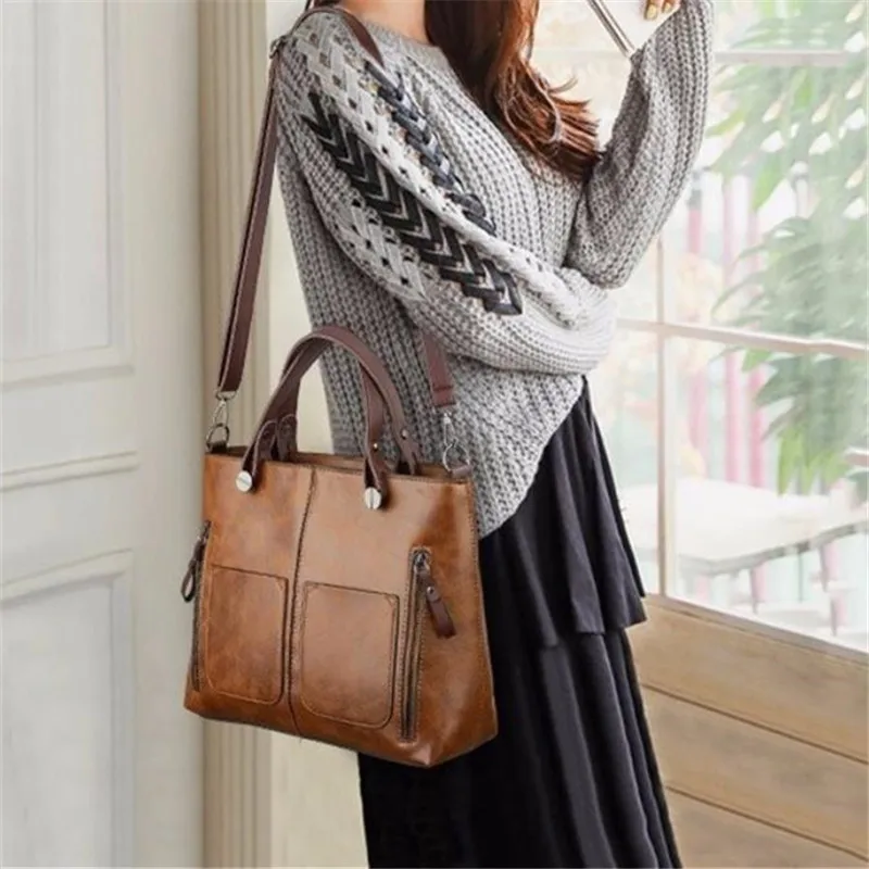 حقيبة كتف جلدية كلاسيكية من أوروبا وأمريكا، حقيبة حمل بسحاب بجيبين، حقائب كروس كلاسيكية للنساء في العمل