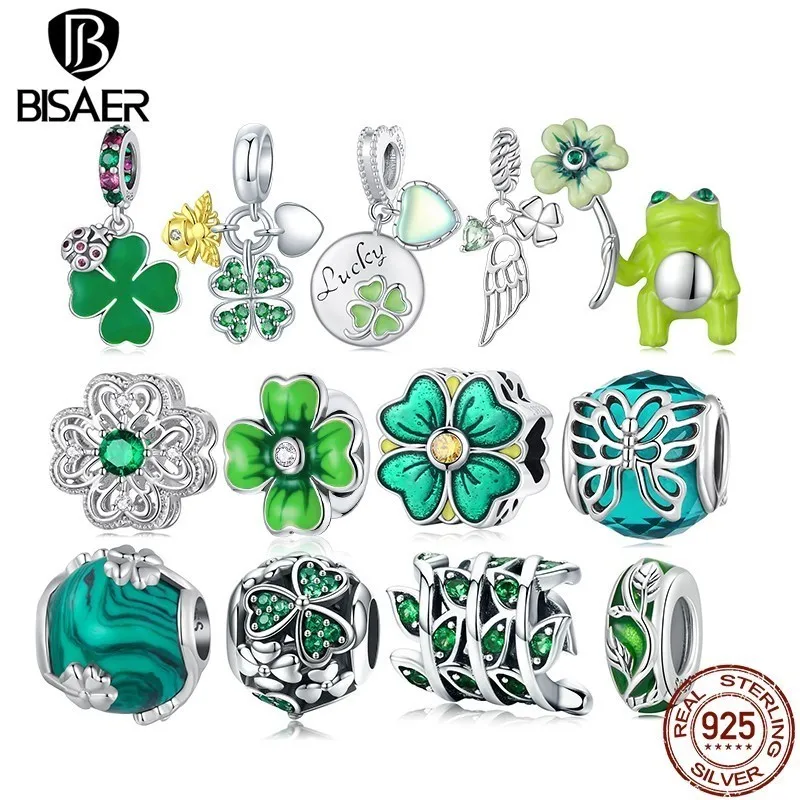 BISAER 925 Sterling Silver Four Leaf Clover Charm Bead Green CZ Pendant Safety Chain Fit Lucky Women DIY Bracelet Fine Jewelry