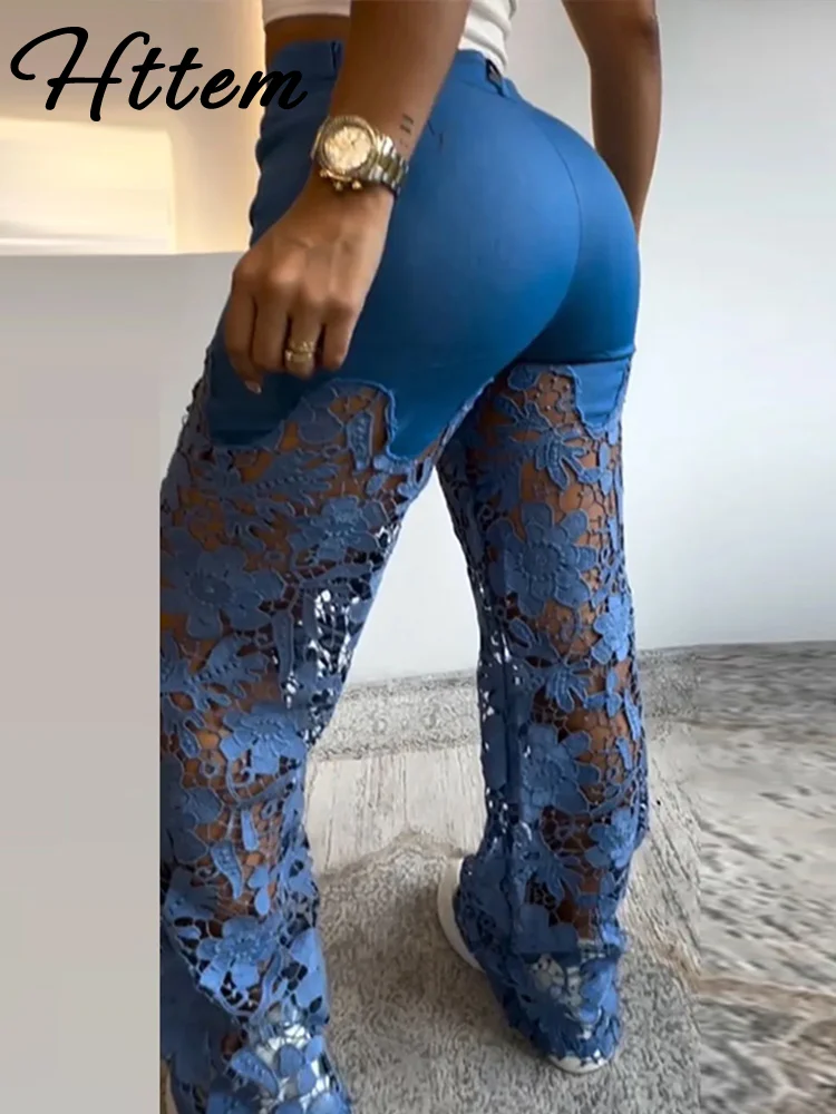 

Street Lace Patchwork Denim Women Pants Dropped Button Pocket Zippers Wide Leg Trousers 2025 Summer New Lady Outwear