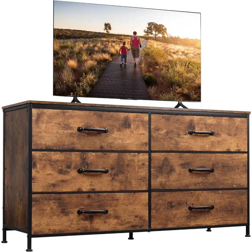 

Wide Fabric Dresser, 6 Drawer Dresser TV Stand for 60" TV, Dressers Bedroom Furniture Large Storage Tower Unit with Fabric Bins