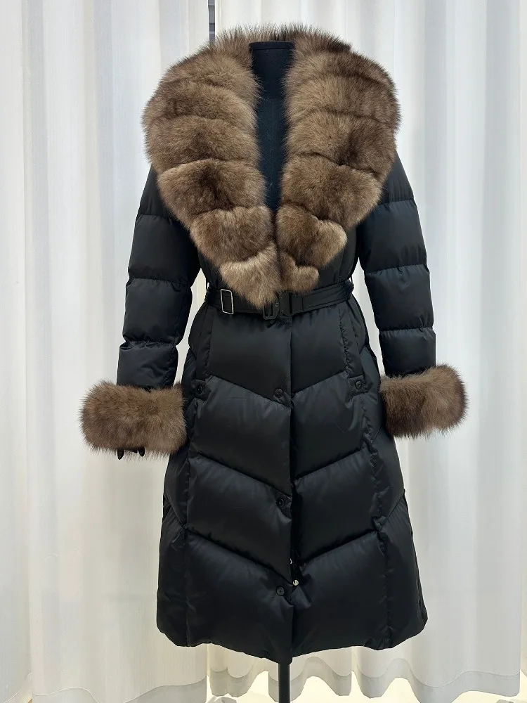 Damen Langer Winter-Daunenmantel Natürlicher Pelzmantel mit Pelzbesatz und Daunenfüllung für Herbst und Winter