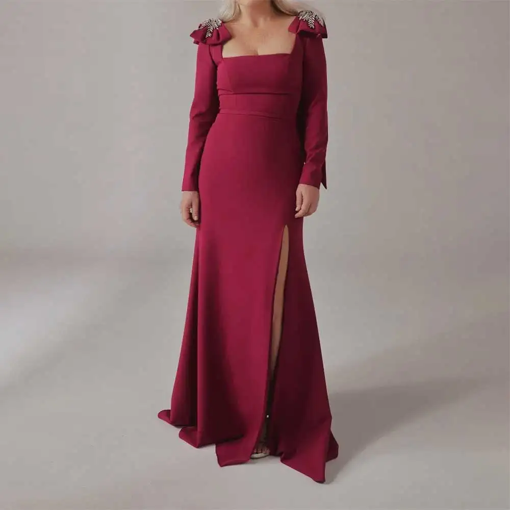 Elegant Square Neck Sheath Side Slit Prom Party Dress Applique for Women Evening Dresses Formal Bridesmaid's Dresses فساتين سهرة