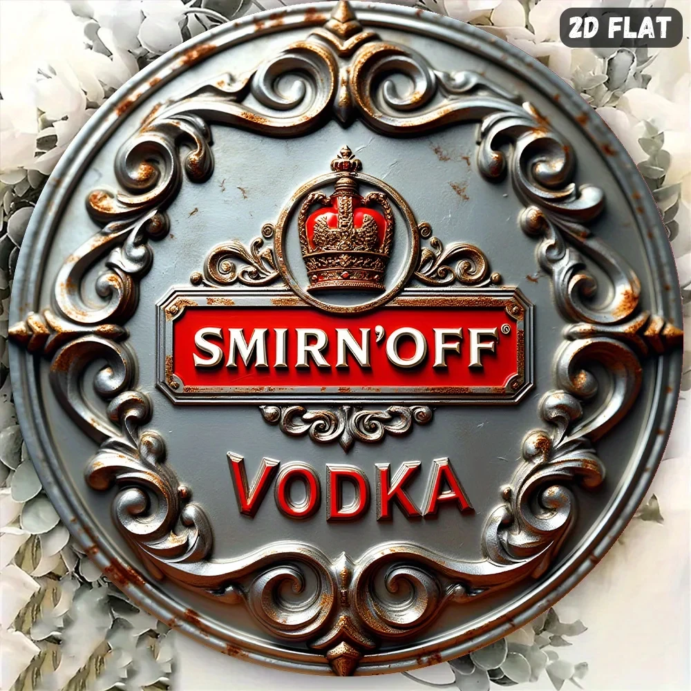 A Woman Holds a Sign That Says Smirnov Vodka Wreath Sign, 8inch , Round Aluminum Sign - Perfect for the Holiday Season