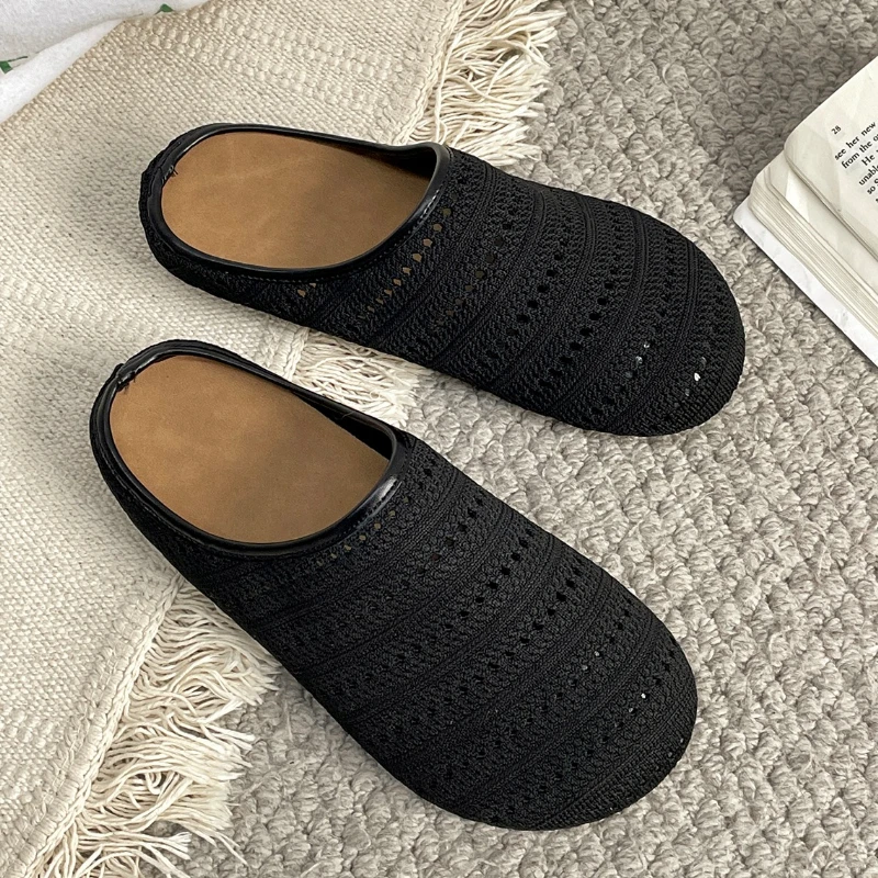 Zapatillas perezosas de suela plana para mujer, nuevas sandalias de punto de moda de un pie ahuecadas con punta redonda y suela blanda, zapatos cómodos para ir al trabajo