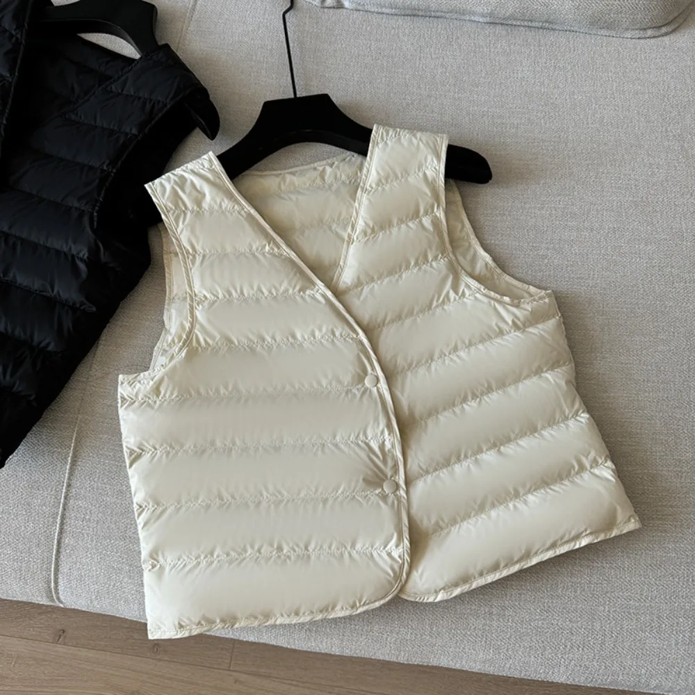 

2025 New Women Sleeveless Puffer Jacket Spring Autumn Female White Goose Down Ultra Lightweight Packable Warm Down Liner Vest