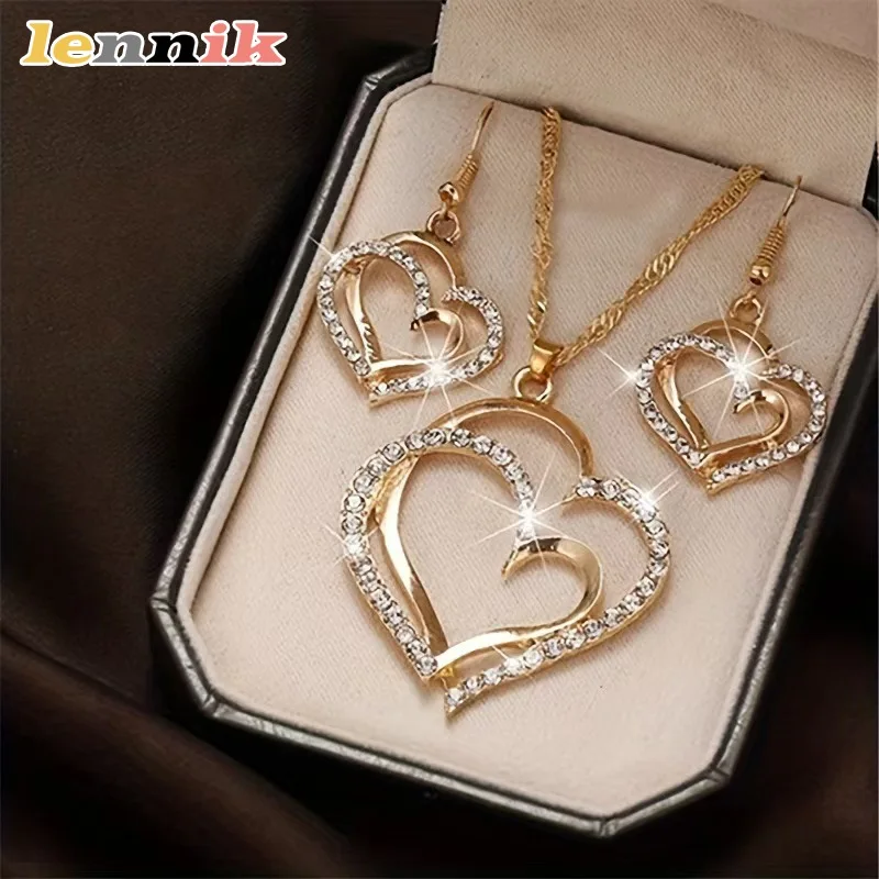 トレンディなダブルピーチハートラブペンダントジュエリーセット、女性用、クロスボーダースタイリッシュなラブチャームセット、調節可能なチェーンデザイン付き