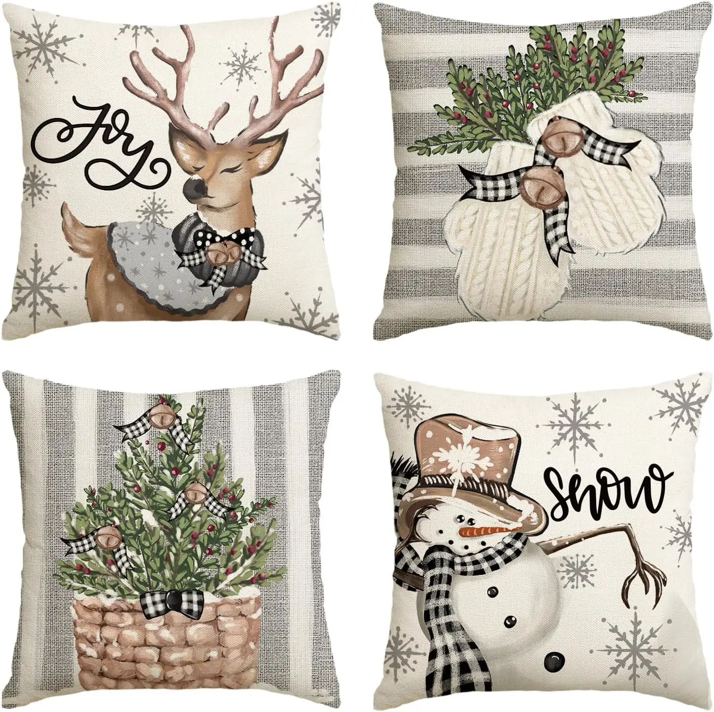 Christmas Snowman Reindeer Gloves Eucalyptus Throw Pillow Covers, Winter Holiday Stripes Cushion Case Decoration for Sofa Couch
