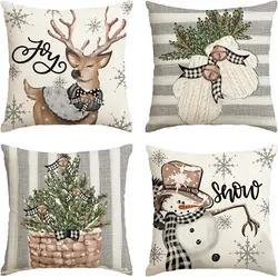 Christmas Snowman Reindeer Gloves Eucalyptus Throw Pillow Covers, Winter Holiday Stripes Cushion Case Decoration for Sofa Couch