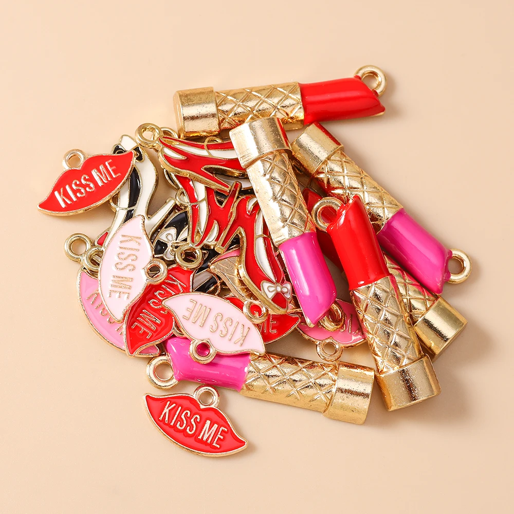 10 Stück niedliche Emaille-Anhänger in Form von roten Lippen und High Heels, Lippenstift-Charms für die Schmuckherstellung, Halsketten, Ohrringe, Armbänder, DIY-Bastelbedarf – Detail 4