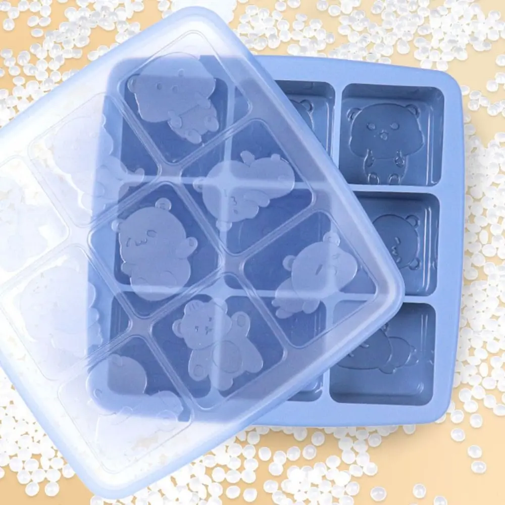 Silicone Bear Pattern Ice Cube Mold Square with Lid Food Supplement Mold High Temperature Resistant 9 Cavities Rice Cake Molds