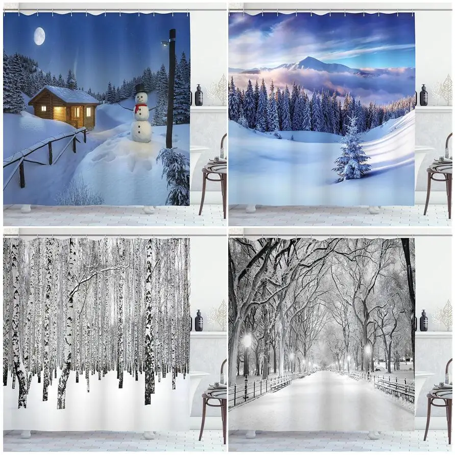 Winter Shower Curtain Forest Birch Cedar Snow Mountain Nature Landscape Bathroom Curtains Decorative Polyester Fabric with Hooks