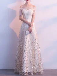 A-Line Elegant Prom Gown Wedding Guest Floor Length Short Sleeve Off Shoulder Tulle with Sash Embroidery Evening Party Dress