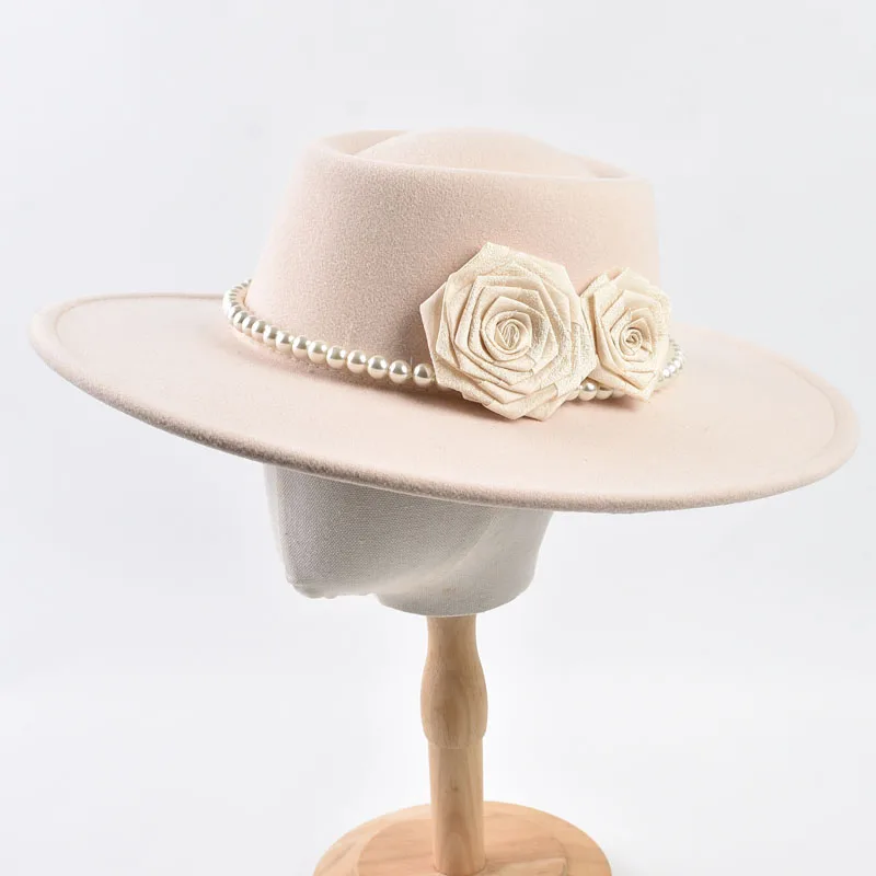 French Style Fedora Hat for Women 9.5CM Wide Brim Wool bowler Elegant Fashion Formal Wedding Decorate Church Cap