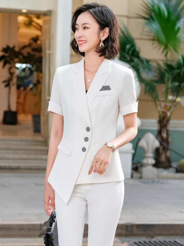 Pants Suits Women\'s Pants Two Piece Sets 2022 New Summer Short Sleeve Blazer Skirt Elegant Ladies White Blazer