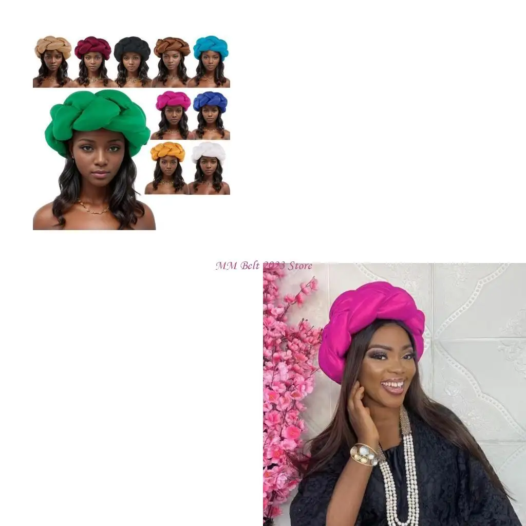 

49ME African Braided Hairband Big Headband Nigeria Turban Caps Adjustable Headwear for Wedding Party Hairstyling Bands