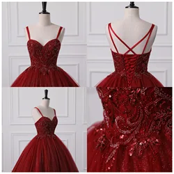 Women Luxury Sequined Beading Evening Dresses Burgundy Tulle Spaghetti Strap Formal Party Prom Ball Gowns Lace Up Robe De Soiree