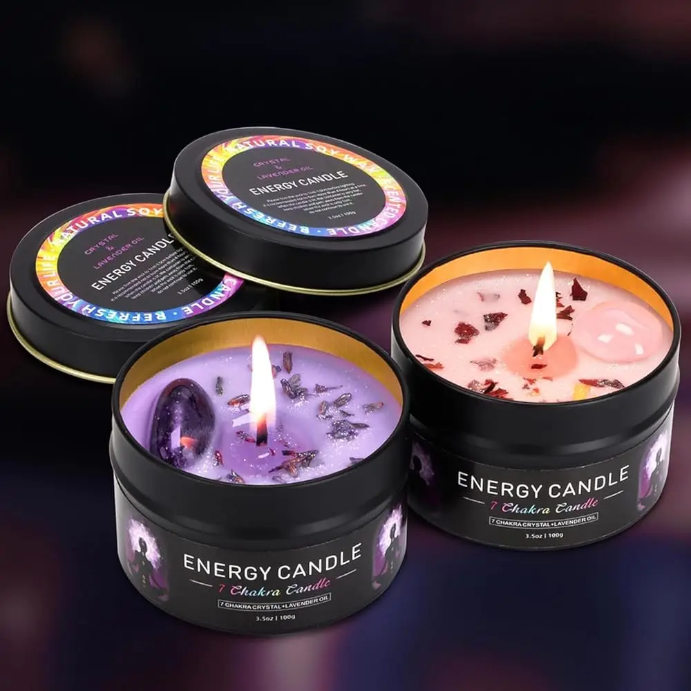 7oz Scented Candles with Crystal Stones, Lavender and Sage Sea Salt Fragrance,Soy Candles Suitable for Women to Relax, Medita