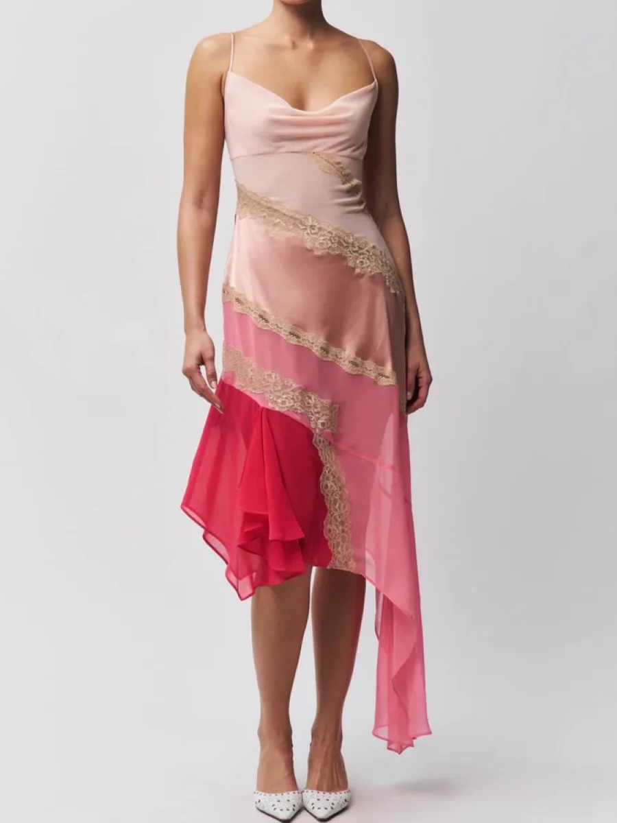 

2025 New Women Irregular Sling Robe Pink Gradient Contrasting Lace Patchwork V-Neck Sleeveless Elegant Slim Long Dress