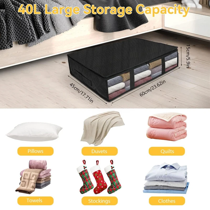 Underbed Storage Bags with Lid 40L Under Bed Storage Box Foldable Clothes Storage Bag Organizers with Clear Window for Duvets