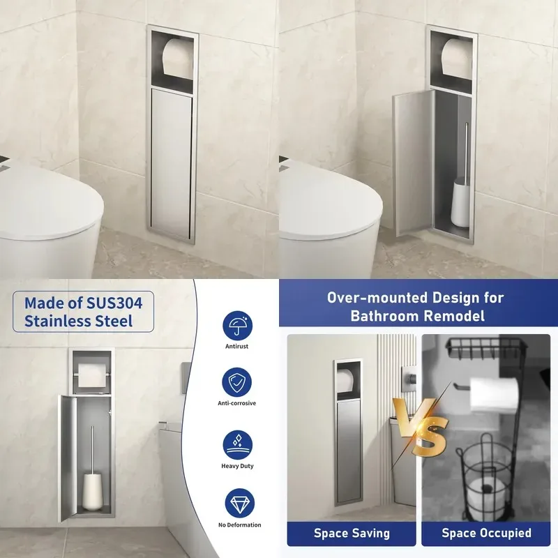 304 Stainless Steel Modern Bathroom Toilet Paper Holder Towel Dispenser Niche Tile Insert Rust Proof