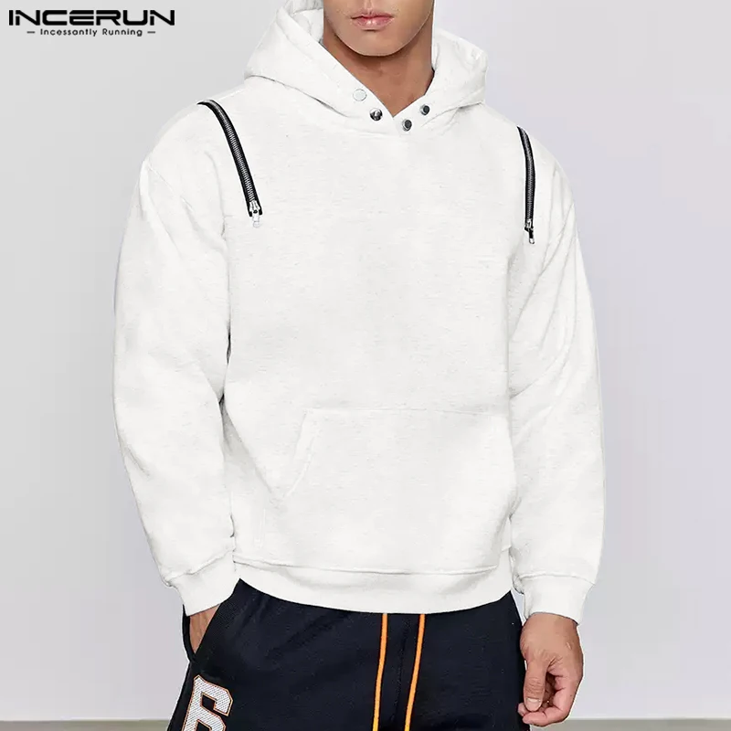 Fashion Casual Style Tops INCERUN 2024 Men Deconstruction Solid Hooded Sweatshirts Streetwear Male Hot Sale Long Sleeved Hoodies