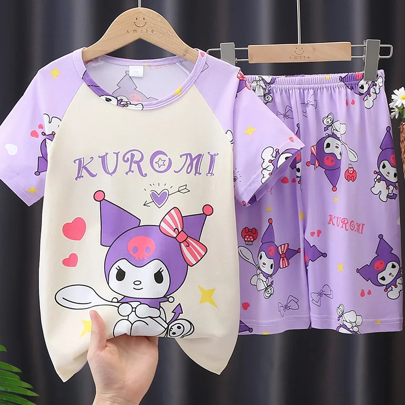 Pigiama estivo per bambini a maniche corte Kuromi Girls\' Cartoon Big Boy And Girl Home Clothing Set