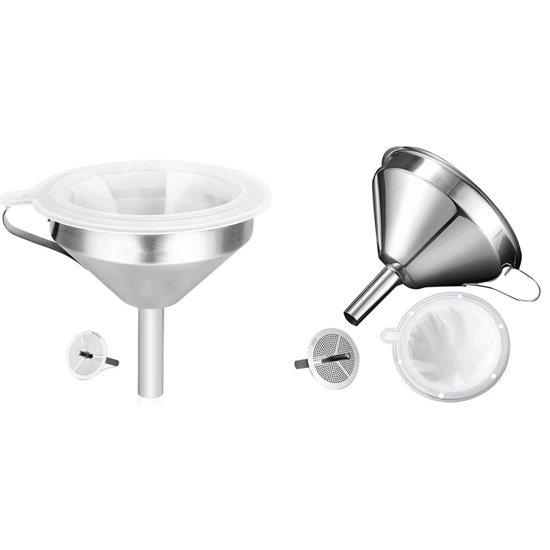 304 Stainless Steel Kitchen Funnel With 200 Mesh Food Filter Strainer For Transferring Liquids, Oil, Making Jam