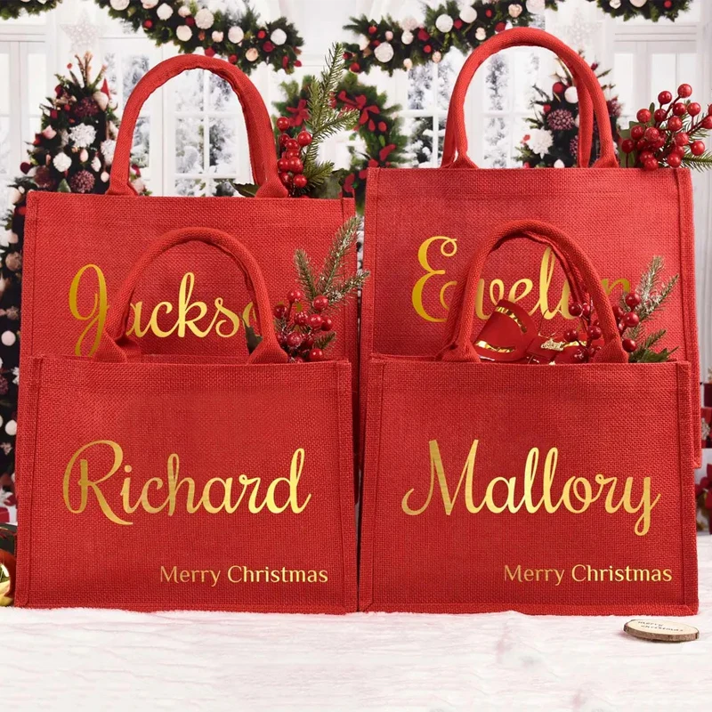 Personalized Christmas Gift Bags Custom Bridesmaid Wedding Red Large Burlap Christmas Eve Holiday Party Gift Tote Bags Sacks