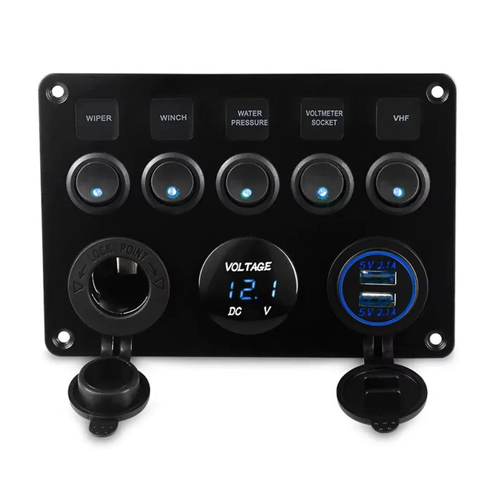 

Red/Green/Blue Lights 5 Gang Switch Panel 12V/24V Dual USB Socket ON-OFF Toggle For Car Waterproof Digital Voltage Display