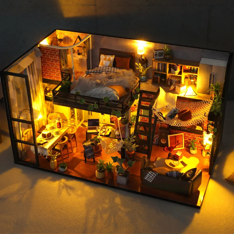 DIY Wooden Doll House Casa Industrial Loft Style Dollhouses Miniature Furniture with LED Kit  Assemble Toy Child Girl Adult Gift