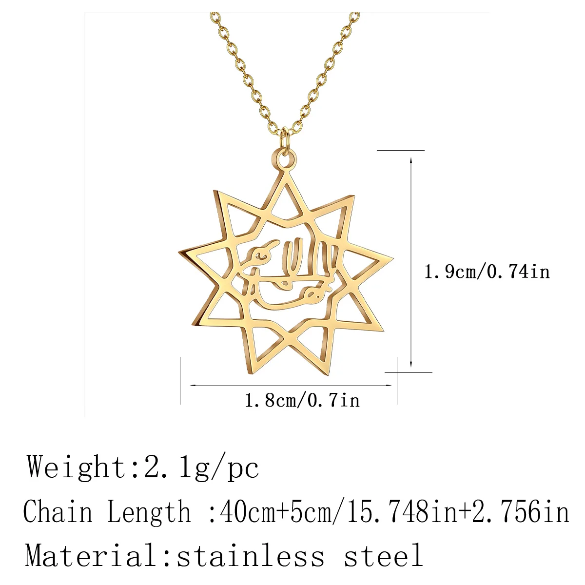 Kinitial Nine Point Bahai Bahaism Star Necklace Persian Calligraphy Farsi Parsi Pendant Stainless Steel Jewelry